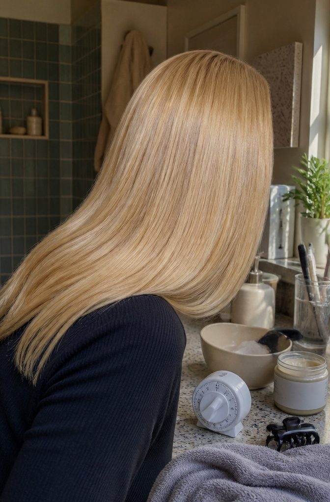 Smooth blonde hair with blended gray roots and a shiny uniform finish