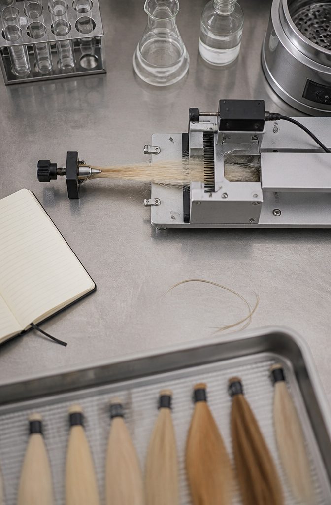 Hair testing machine measuring strands after bleaching for breakage