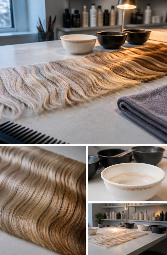 Blonde hair swatches showing ash beige strawberry honey and chestnut tones