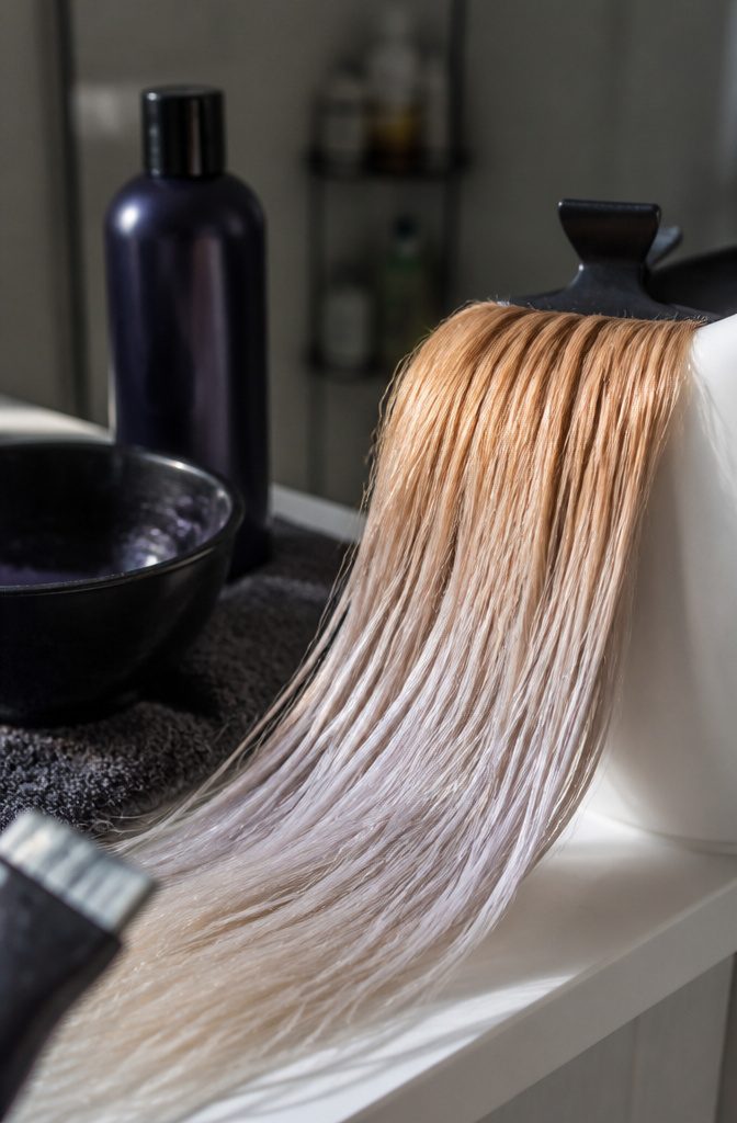 Blonde hair strand showing warm orange and cooler toned sections