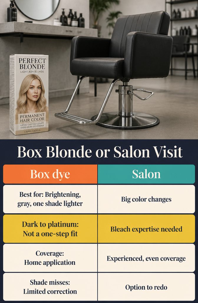 Stylist consulting client beside blonde hair color products