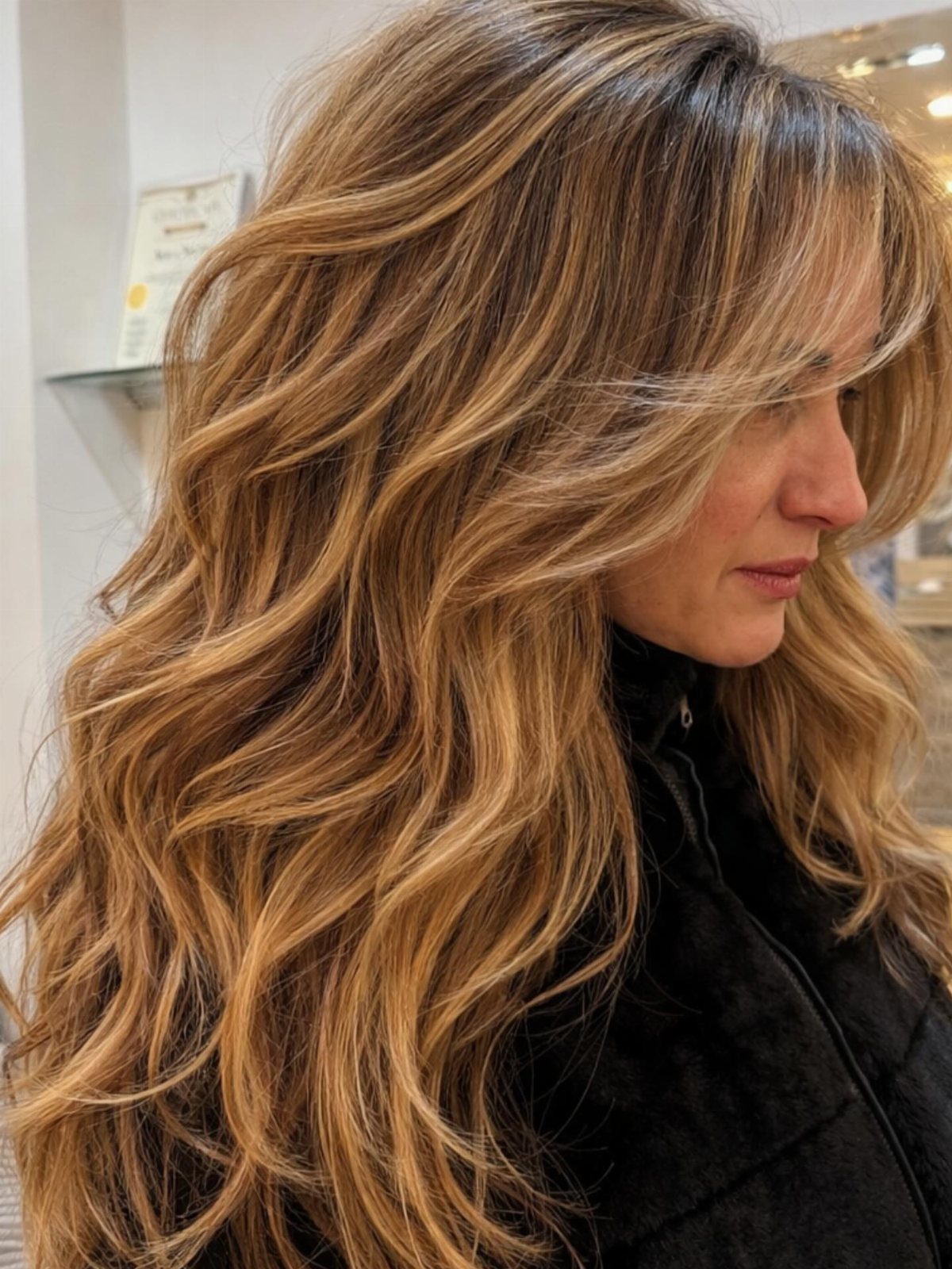 Long brown hair with warm caramel highlights styled in loose waves