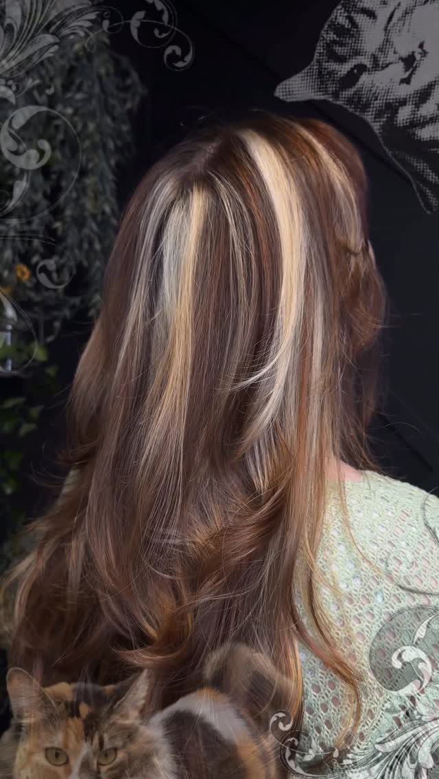 Long brown hair with chunky golden blonde streaks and loose waves