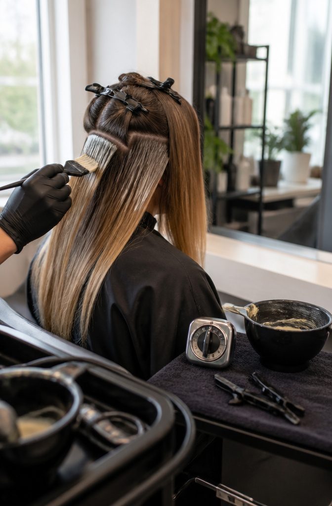 Dry hair sectioned into four parts with beige blonde color on dark roots