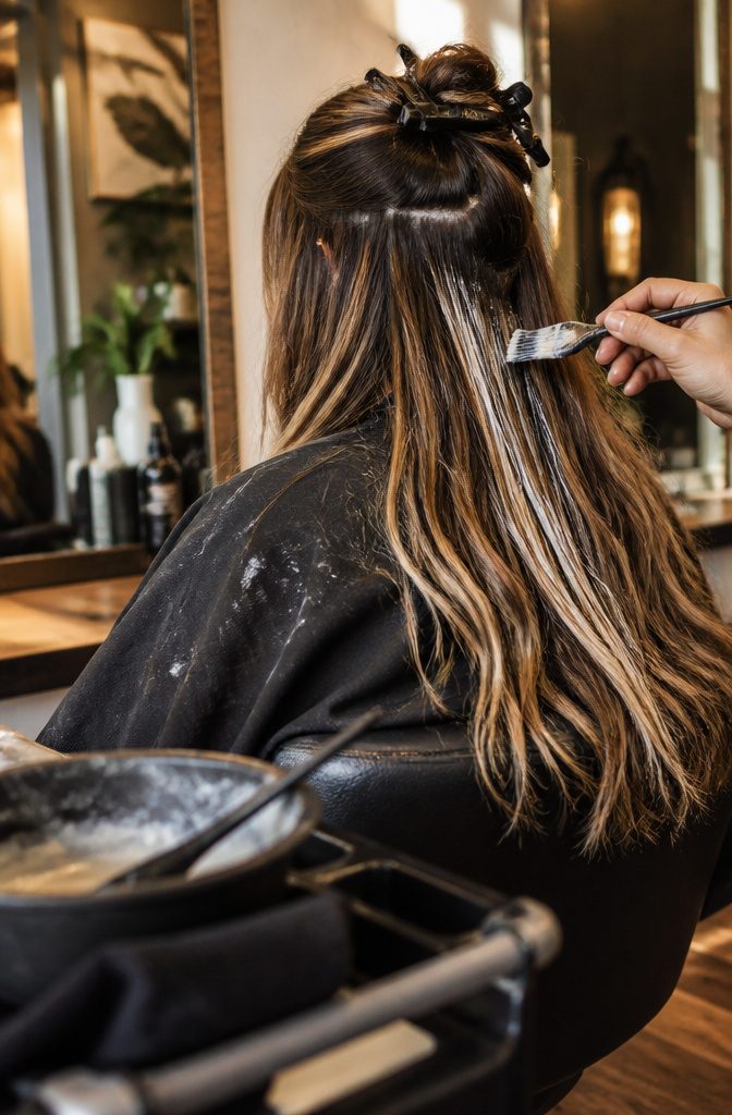 Brown hair with hand-painted blonde balayage blended from the roots