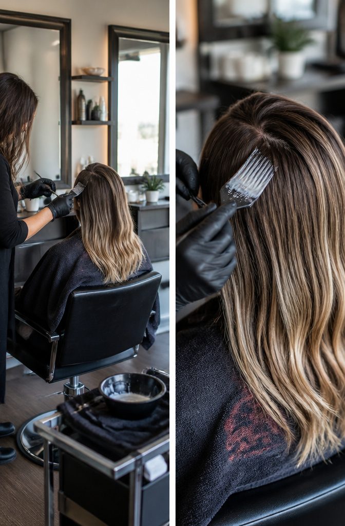 Brown hair lightened to blonde with a soft, natural-looking transition