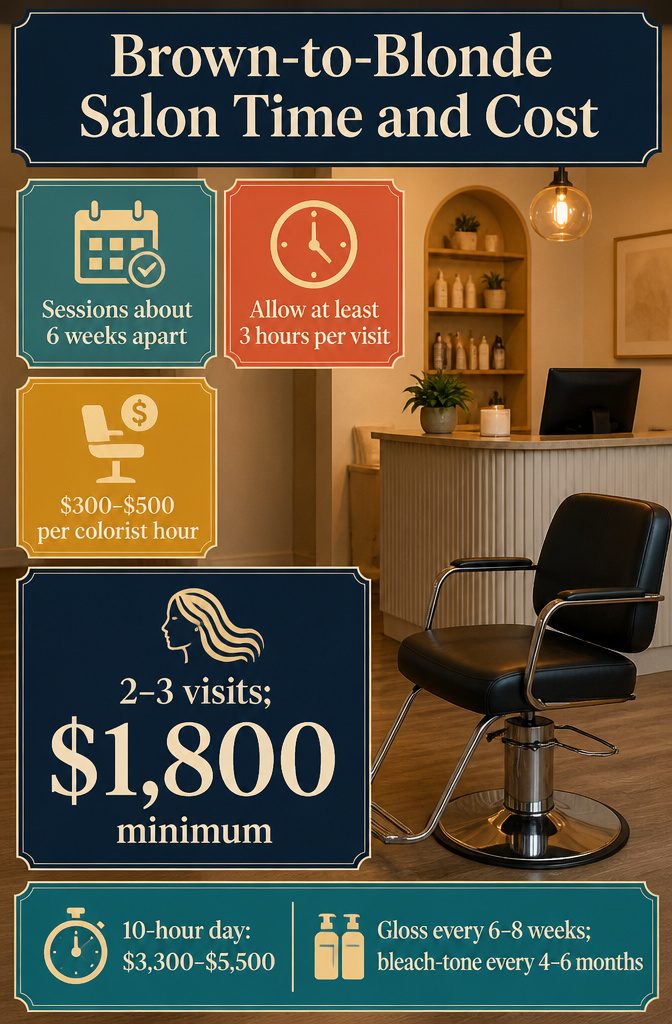 Salon time and cost graphic for brown to blonde hair coloring