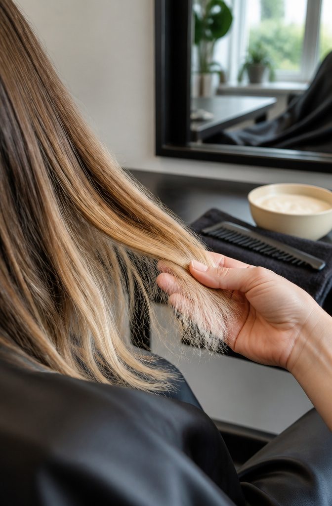 Pale dry hair ends beside softer mid-lengths separated by a stylist’s fingers