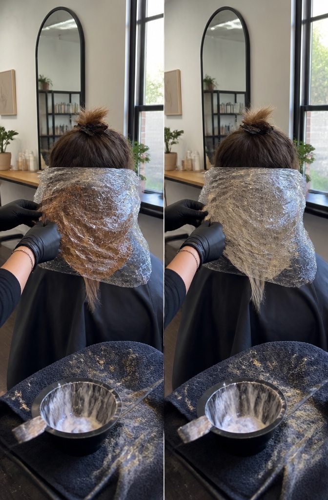 Brown hair lifted to a brassy blonde shade before toning