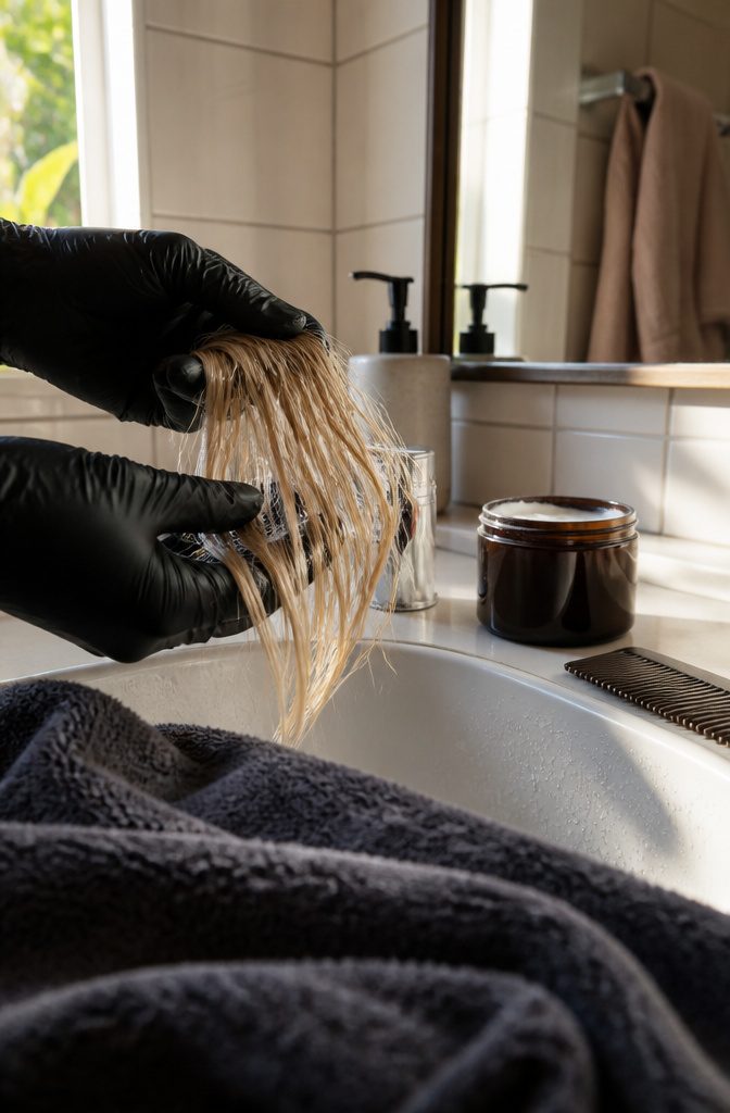 Damp pale blonde strands stretched between gloved fingers beside an open hair mask