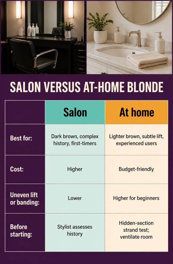 Salon and at home blonde coloring comparison with cost and risk rows