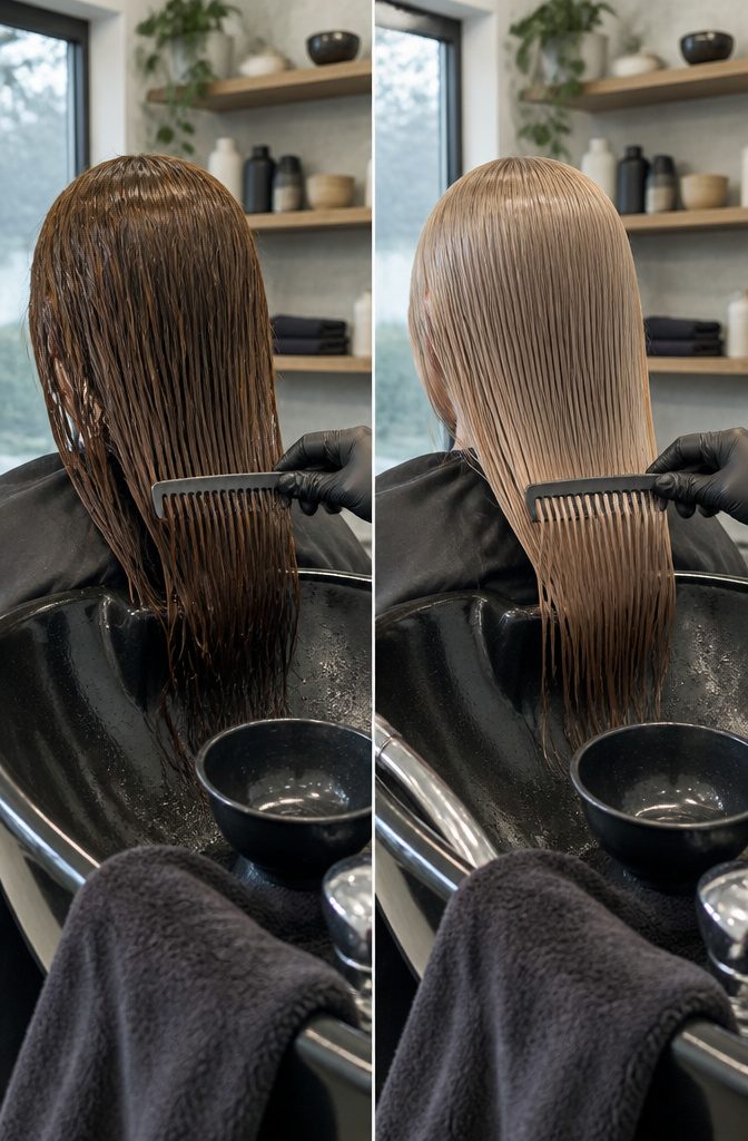 Brown hair lifted to blonde with warm orange and yellow tones