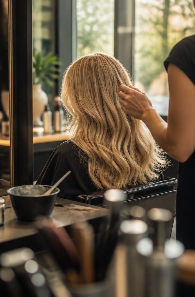 Colorist checking a seated wearer's golden blonde hair in a mirror