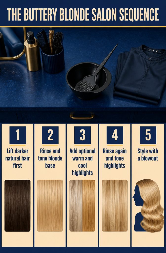 Buttery blonde salon sequence graphic with steps from lightening to styling