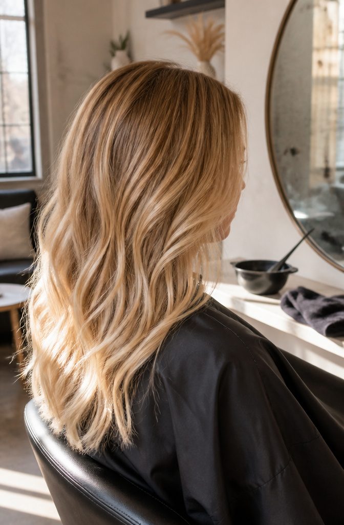 Buttery blonde hair shown with a warm golden tone