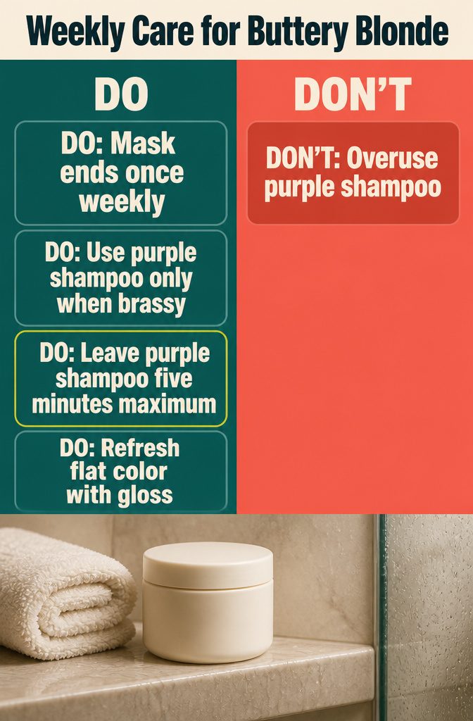 Weekly blonde care graphic with a conditioning mask and purple shampoo