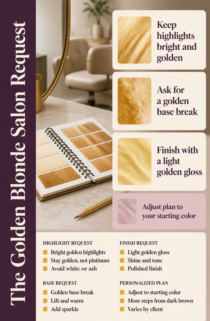 Golden blonde salon request graphic listing highlights base break and gloss