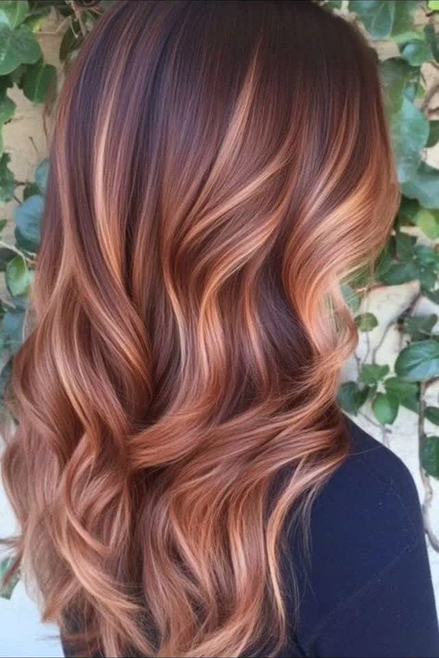 Wavy brown hair with copper caramel balayage highlights cascading down the back