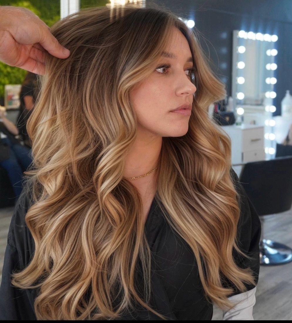 Long dark-rooted hair with glossy caramel blonde waves in a salon