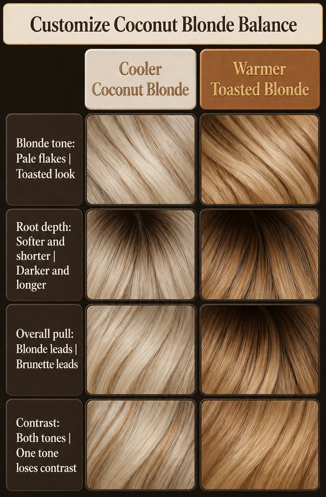 Beauty chart with brown root depth and cool warm blonde shade choices
