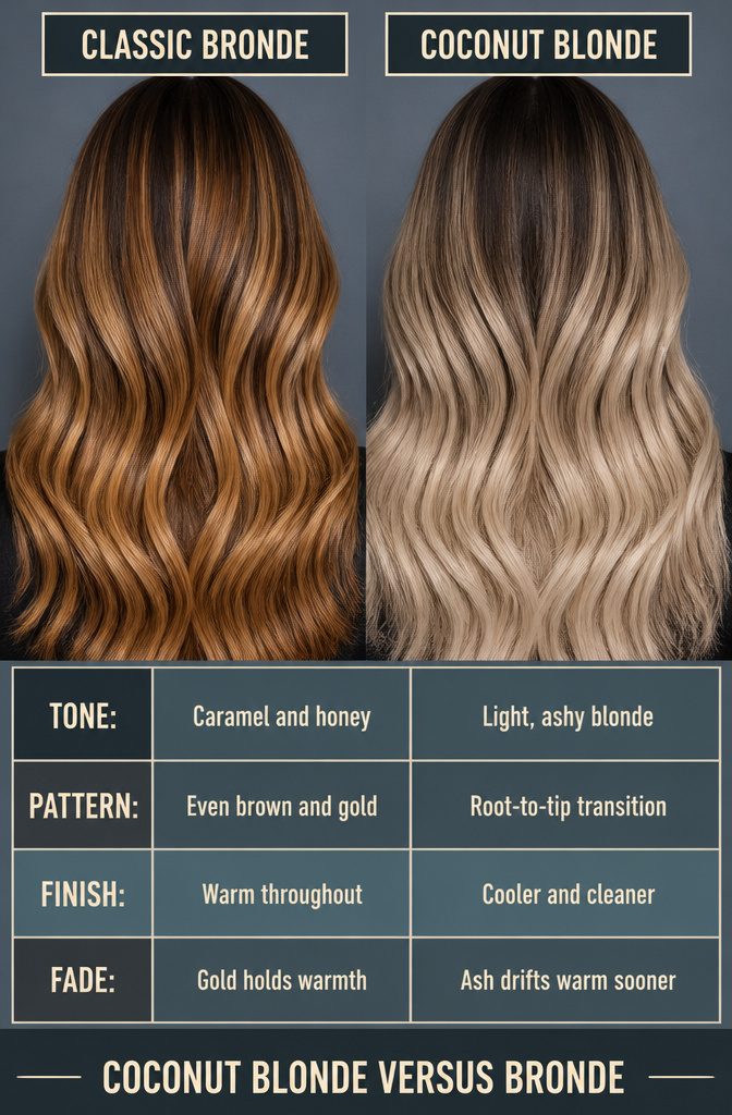 Beauty comparison of coconut blonde and warm bronde hair colors