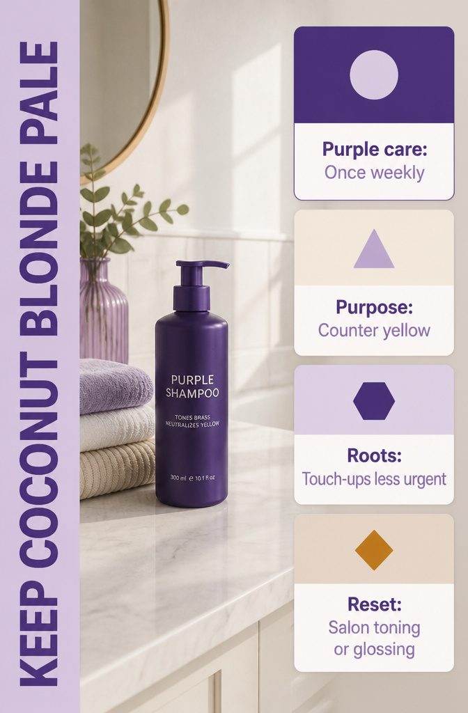 Pale blonde hair beside purple-toned shampoo and treatment products