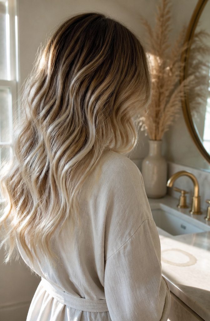 Coconut blonde hair with brown roots and mixed cool warm blonde ends