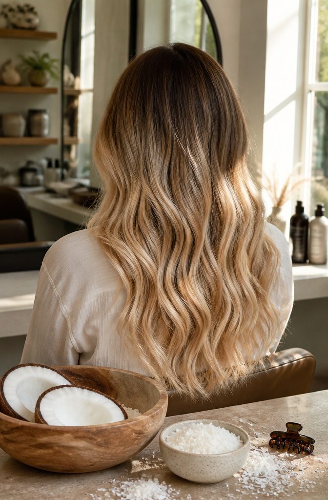 Wavy hair with brown roots warm blonde lengths and cool strands