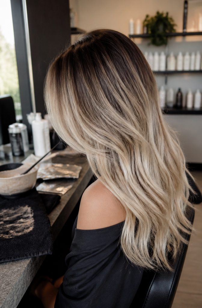 Hair with deep brown roots melting into cool and warm blonde lengths