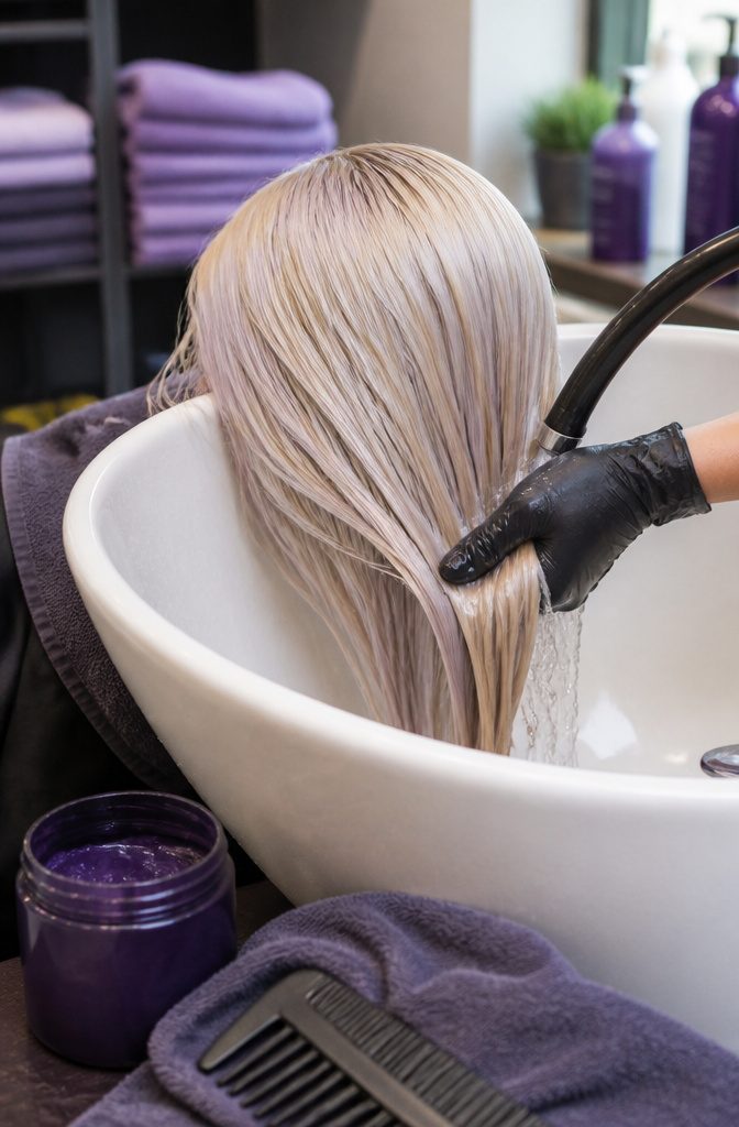 Ash blonde hair with cool silver and violet tones
