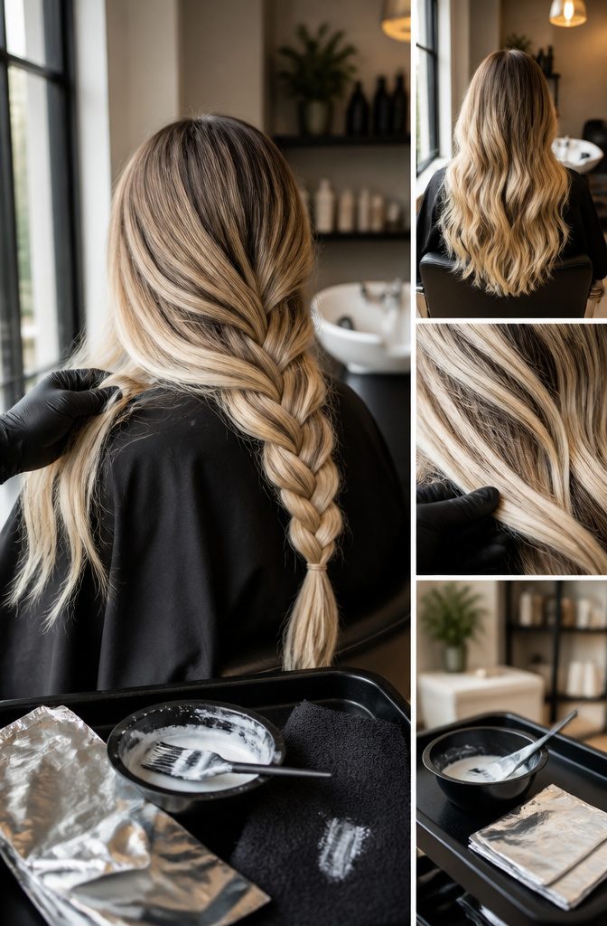 Blonde balayage with hand-painted highlights and a soft blend