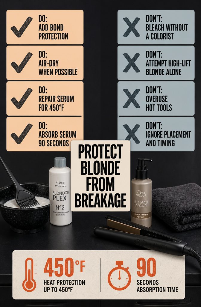 Hair breakage protection graphic with bond care and heat styling advice