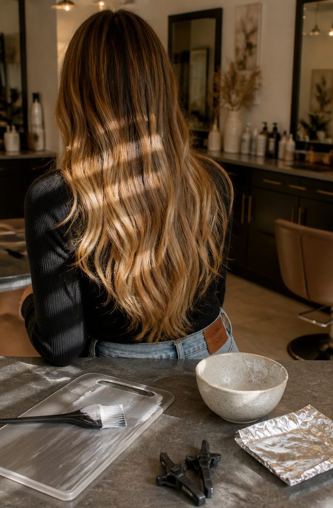 Brunette hair with softly blended caramel blonde ribbons