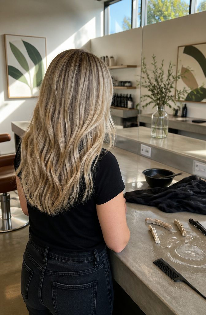 Blonde hair with beige highlights and darker lowlights