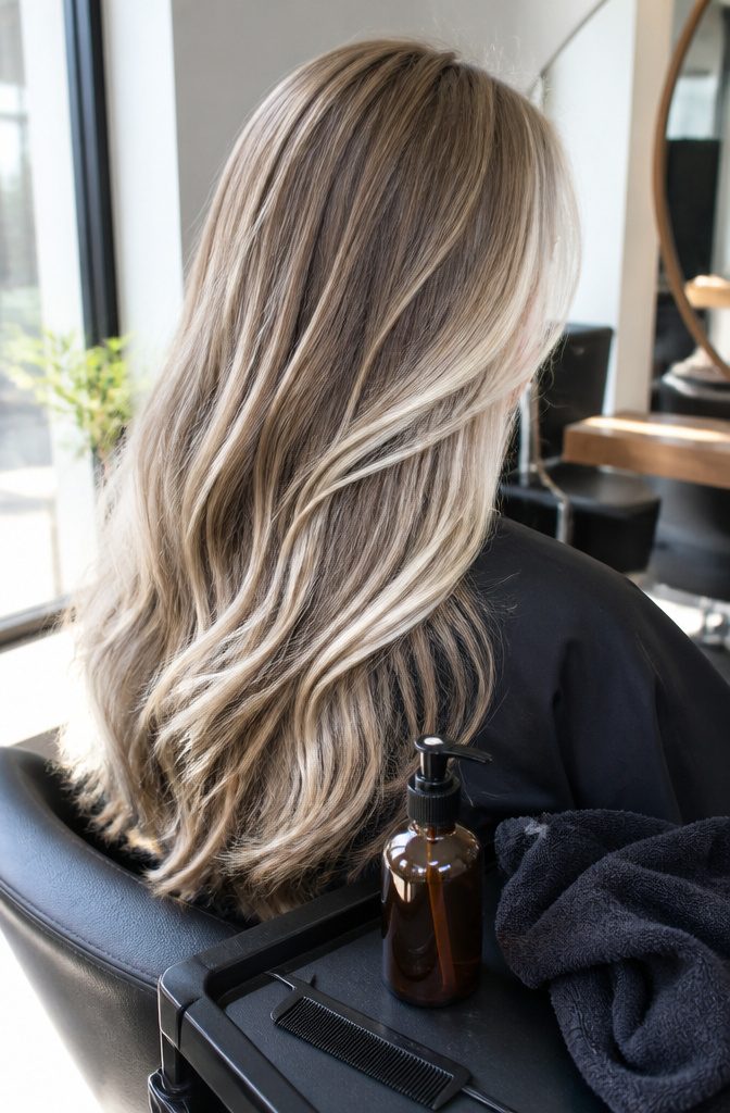 Blonde hair with bright highlights framing the face