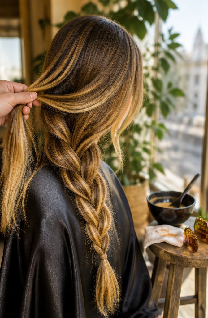 Loose braid with honey blonde ribbons over darker roots