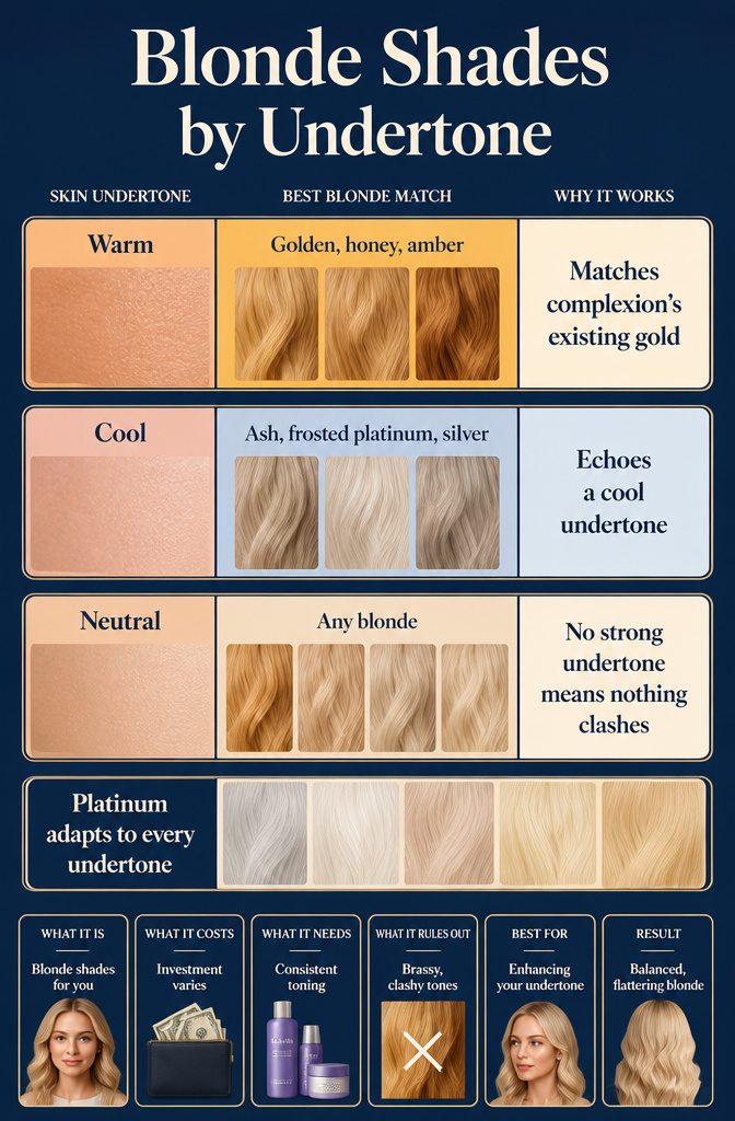 Blonde shades by undertone chart with warm cool and neutral categories