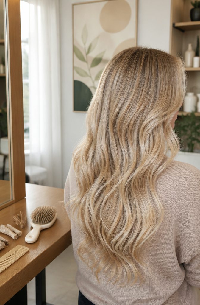 Wavy beige blonde hair with champagne and wheat strands