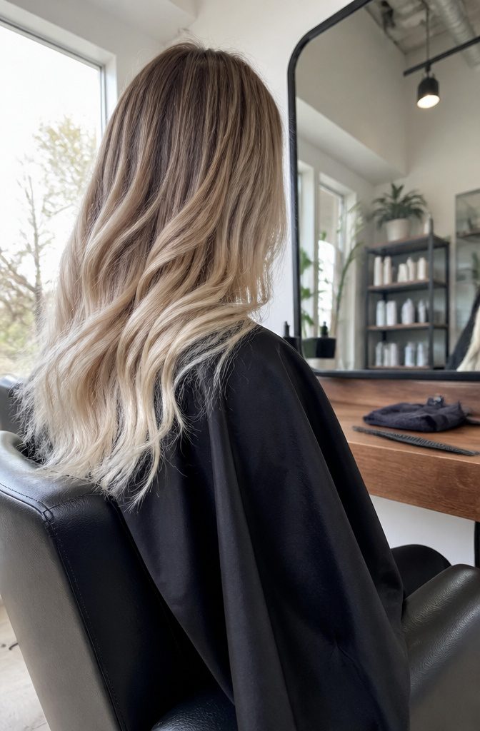 Rooted blonde hair fading from dark roots to light ends
