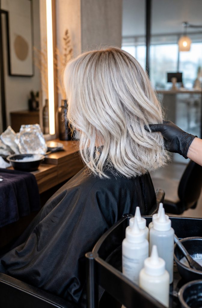 Platinum blonde hair with a pale almost-white finish