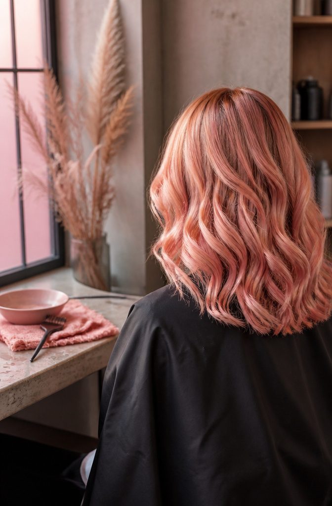 Shoulder-length waves with strawberry and rose gold blonde tones