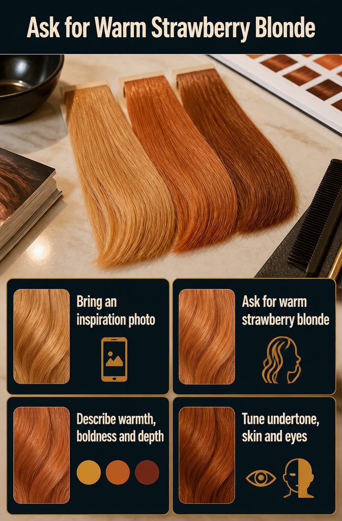 Beauty information graphic titled Ask for Warm Strawberry Blonde