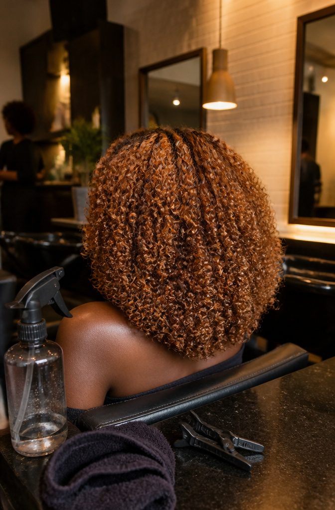 Shoulder-length copper blonde hair against deep brown skin