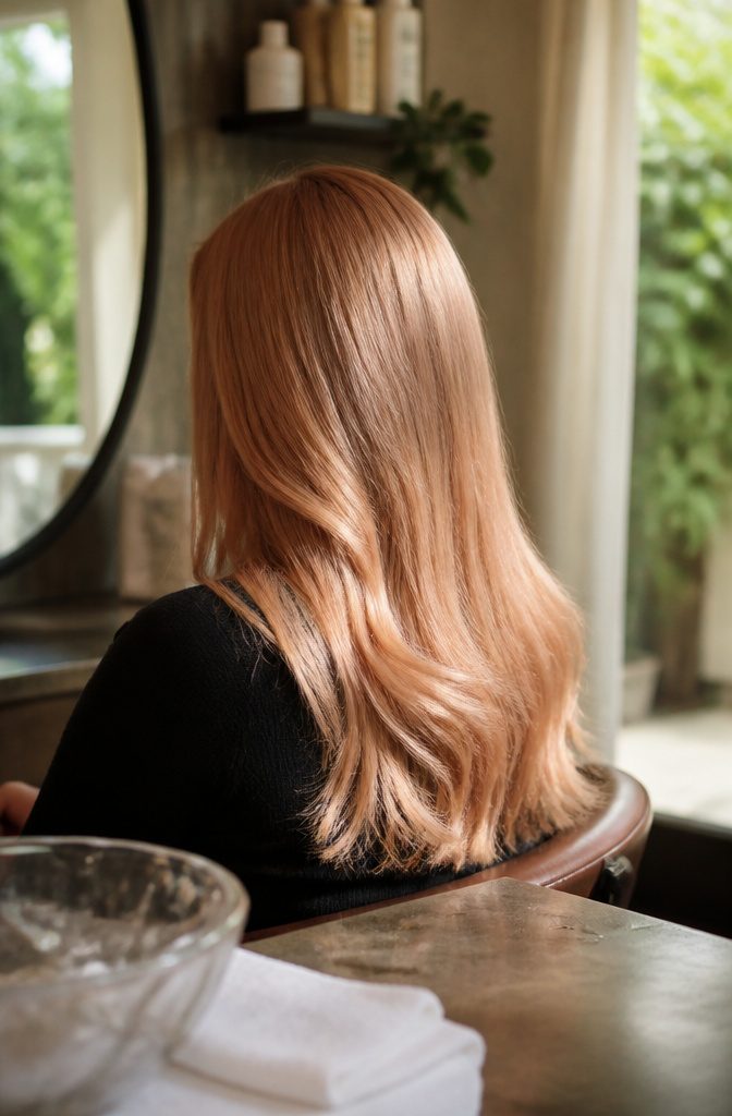 Smooth apricot blonde hair with copper reflections and glossy lengths