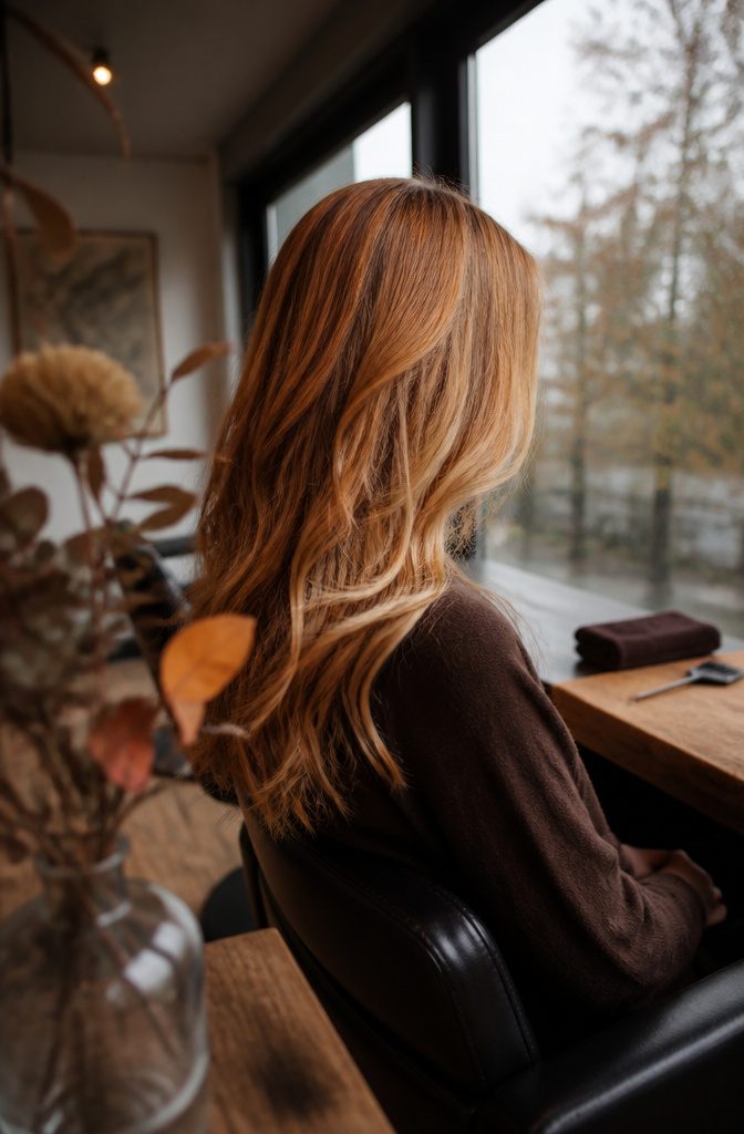 Woman with copper blonde hair and warm brown lower layers