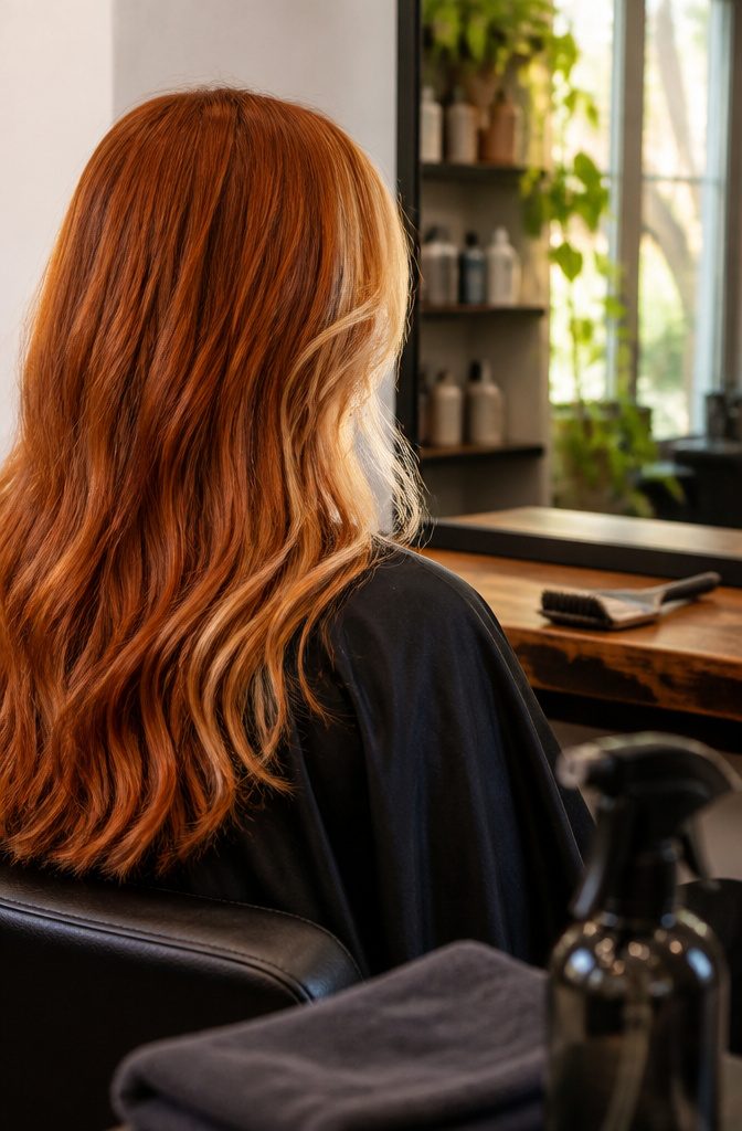 Copper hair with blonde face-framing highlights around the front