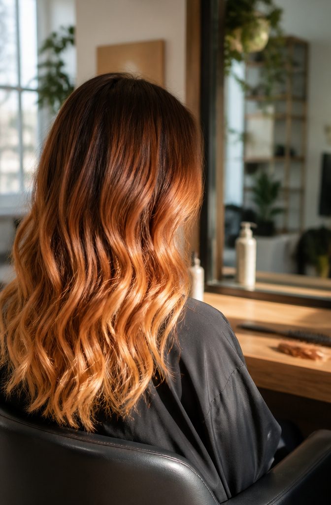 Dark roots fading through copper lengths into red blonde ends