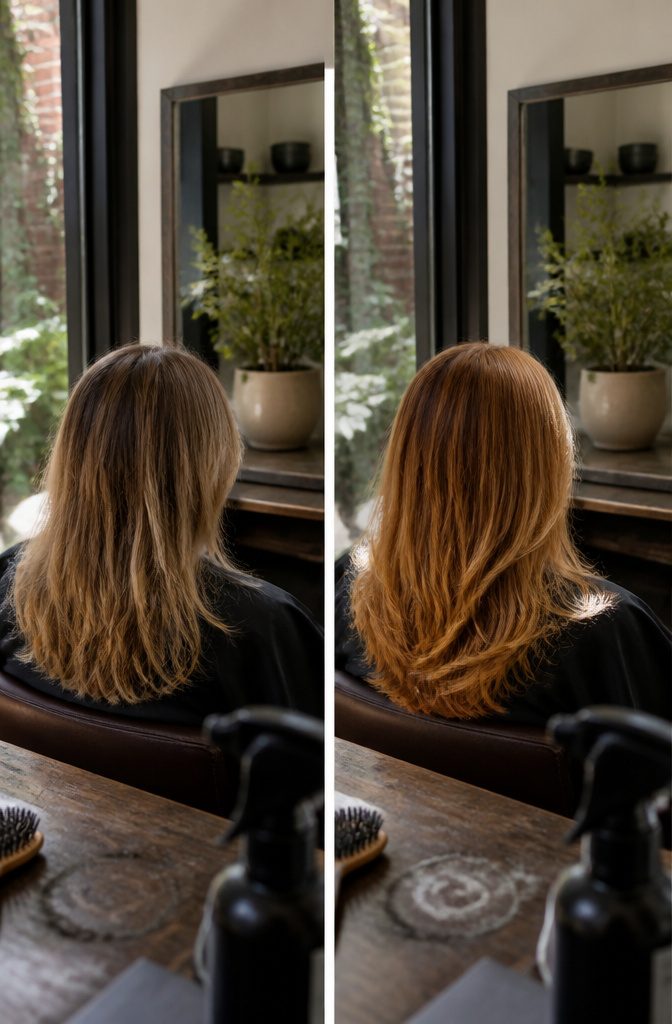 Honey blonde hair with copper warmth through sunlit lengths