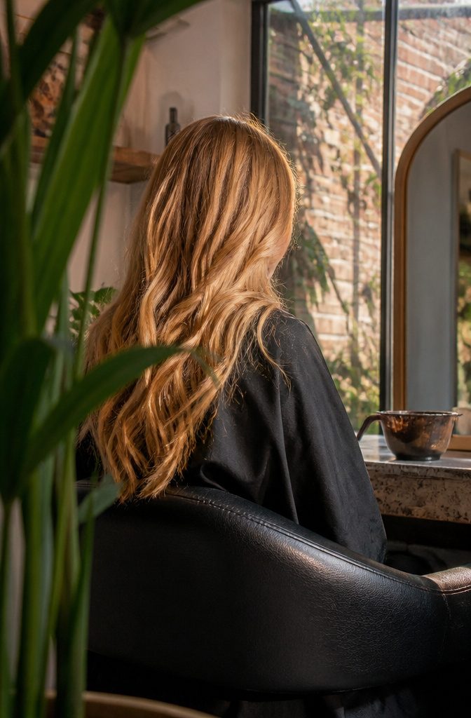 Golden blonde hair with copper glints in direct light