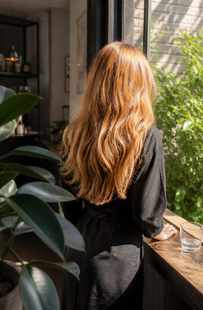 Textured hair showing golden strands over deeper copper lengths